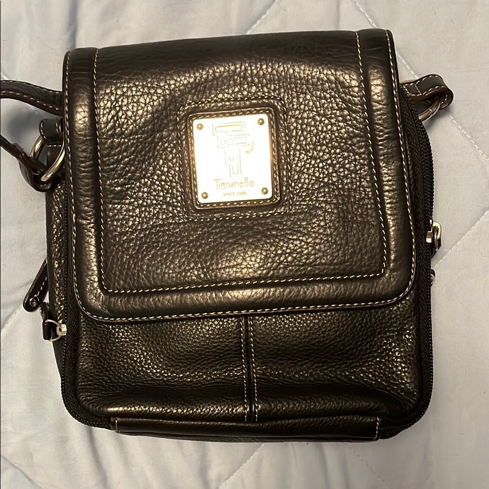 Tignanello Black Pebbled Leather Crossbody Bag with Gold Logo Plate